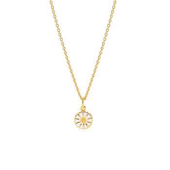 Lund Copenhagen marguerit 24 karat forgyldt vedhæng med hvid emalje, 36-38 cm kæde